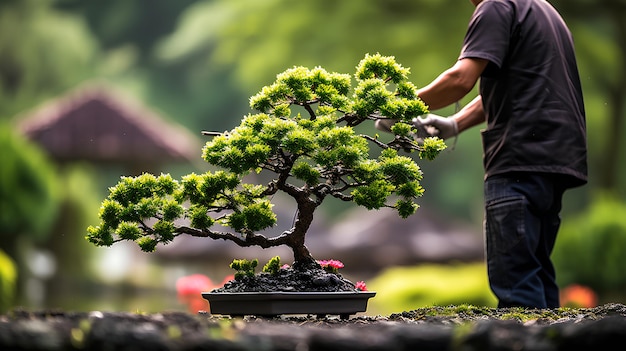 Stock Photo of a Dedicated Bonsai Artist Trimming