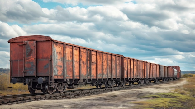 空の背景にコンテナを運ぶ貨物列車のワゴンを描いたデザイン用ストック写真