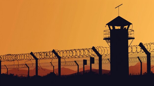 A stock photo featuring a flat icon design on an orange background depicting a watch tower and barbed wire fence in silhouette