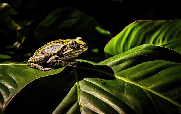 잎에 있는 개구리의 사진 생성 AI