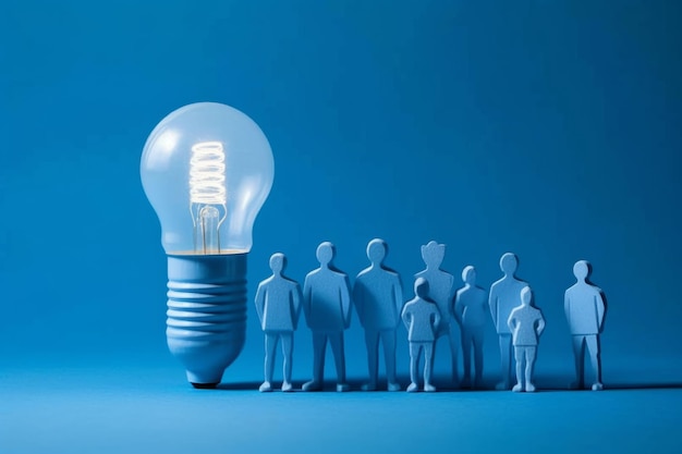stock photo a group of blue paper people around a lightbulb on a blue background