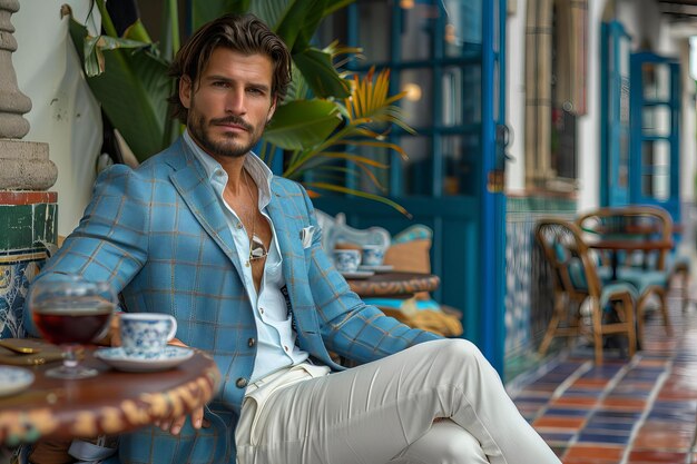 Photo stock photo of handsome man in blue blazer and white pants sitting at table with coffee wearing tan