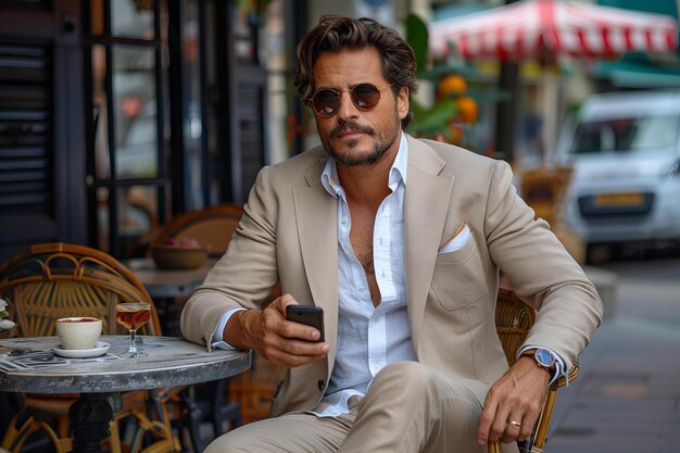 Photo stock photo of handsome man in tan suit and brown mocula inspired shoes sitting at outdoor cafe phon