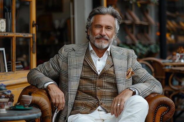 Stock photo of A handsome man in white pants and a blazer sitting in a chair outside a cafe holding