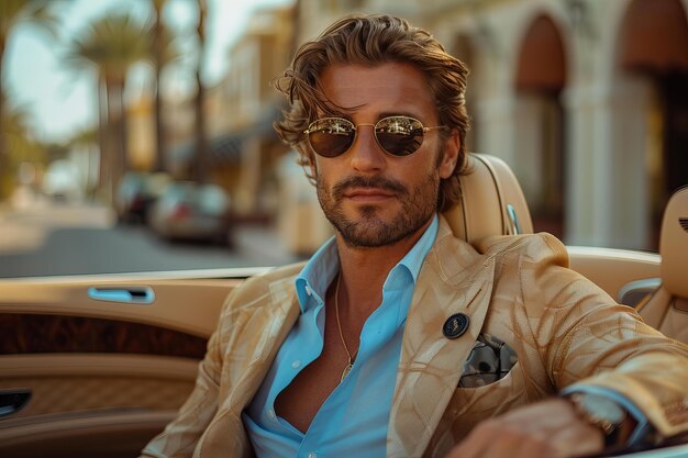 Photo stock photo of handsome man with brown hair and sunglasses blue shirt under tan blazer buttoned up o