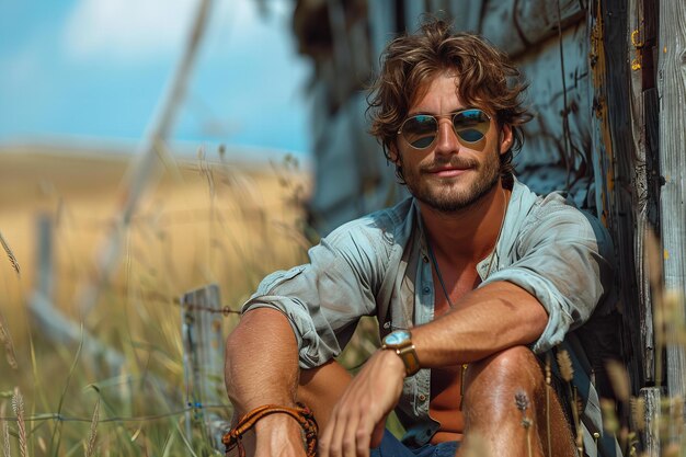 Stock photo of The handsome man with muscular legs sat on the fence of an old wooden farm in Italy w