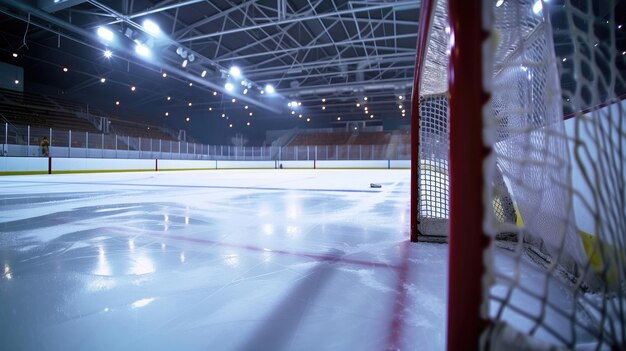 Stock photo of a hockey ice rink with a goal for design purposes