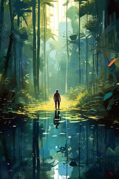 Stock photo of an illustration looking for a pond in the jungle