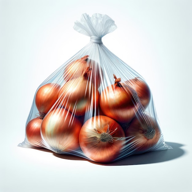 Stock photo image Hyper realistic Fresh Onions in a clear bag isolated on a white background stud