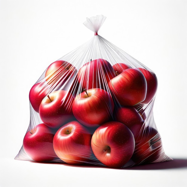 Stock photo image Hyper realistic Fresh red Apples in a clear bag isolated on a white background