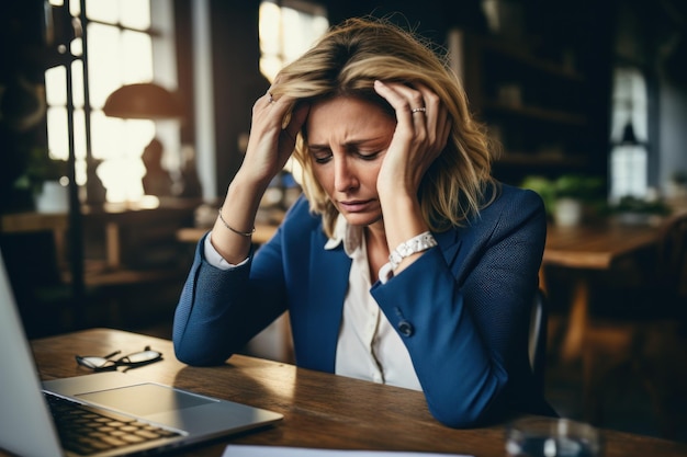 Photo stock photo image of a woman sitting at a desk in an office setting with a headache touching