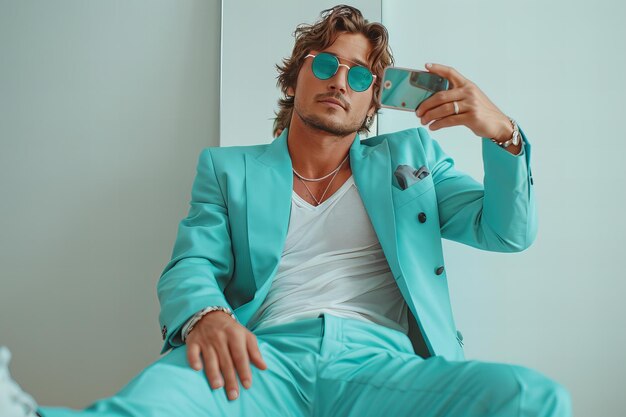 Stock photo of A man in a teal suit and white t shirt taking a selfie with a mirror wearing sunglass