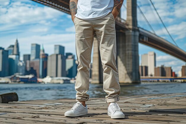 Photo stock photo of a man in a white t shirt light brown chinos with a cuffed hem and mid calf length leg