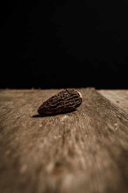 Photo stock photo of morel mushroom on wooden table on black background.