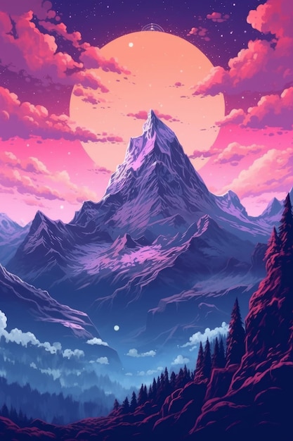 Stock photo of a mountain landscape painted with pink and purple