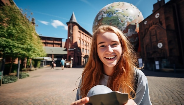 写真 ヨーロッパ旅行で世界地図を手に持って幸せで笑っている 18 歳の女の子のストック写真