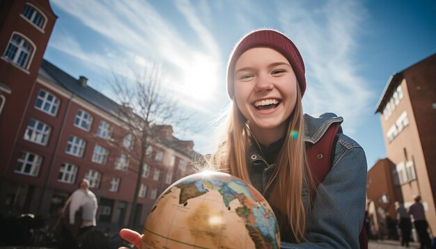 写真 ヨーロッパ旅行で世界地図を手に持って幸せで笑っている 18 歳の女の子のストック写真