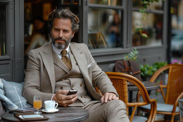 Фото Фото красивого мужчины в светло-коричневом костюме, сидящего за открытым столом в кафе с телефоном и одеждой.
