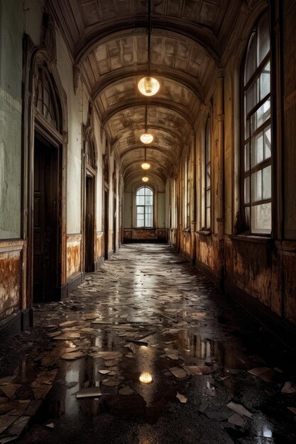 Photo stock photo of an old hallway scene with a broken up window