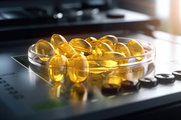 stock photo of omega 3 fats in transparent softgel pills medicine Generative AI