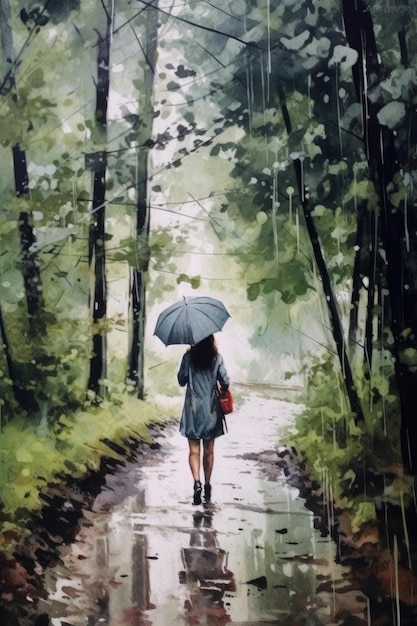 Stock photo of a painting of a rainy day with a girl walking through trees