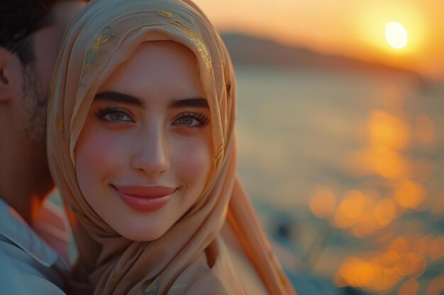 Photo stock photo of photo of hijabi girl wearing white long shirt and beige leggings posing with her boyf