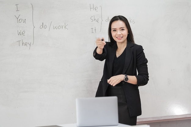 教室で現代語を教えるためにデジタルタブレットとラップトップを備えた黒いビジネススーツの制服を着た自信を持って陽気なアジアの女性教師のストックフォトの肖像画