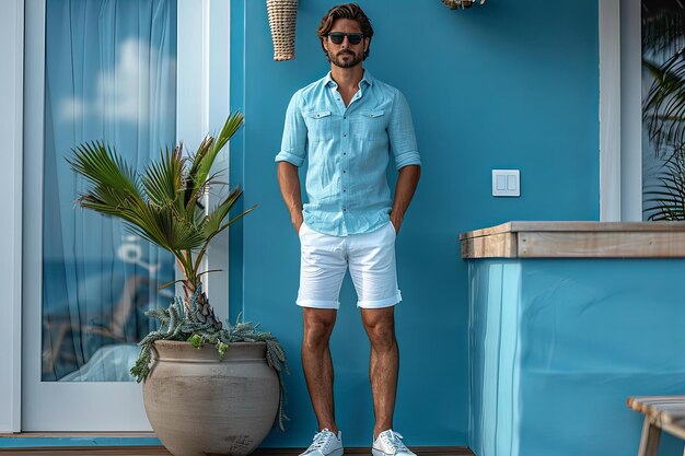 Stock photo of Ralph Lauren light blue shirt white shorts and sneakers outfit for men Perfect fittin