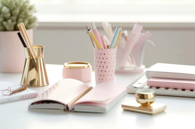 Photo stock photo of stationery tools on the chic feminine generative ai