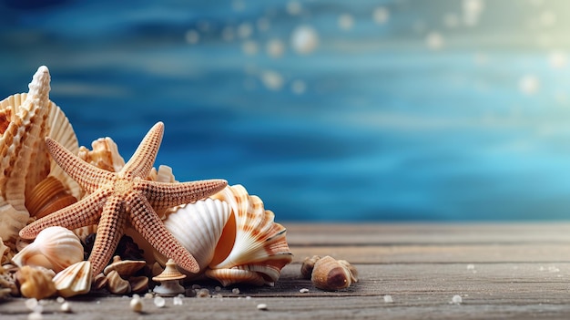 A stock photo of a summer time concept with sea shells and starfish on a blue wooden background and