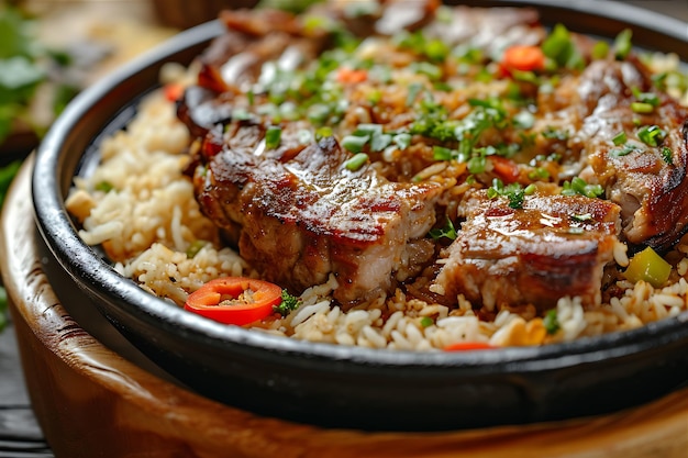 Stock Photo of a Table with a Dish of Meat and Rice