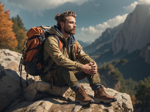 山のバッグをかぶった魅力的な金 ⁇ の男性のストック写真