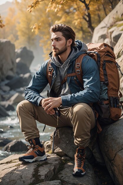 Stock photography of an attractive blond man with a mountain bag