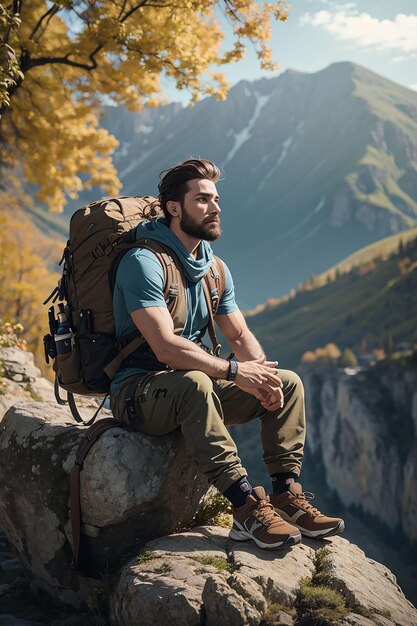 Stock photography of an attractive blond man with a mountain bag