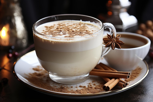 Photo stock photography of a cup of eggnog with a sprinkle of nutmeg