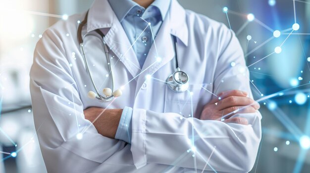 Stock photography of a doctor with crossed arms holding a stethoscope ai in the background bokeh ar 169 style raw stylize 250 Job ID 353f57790eb4420793e788afb0ab1234