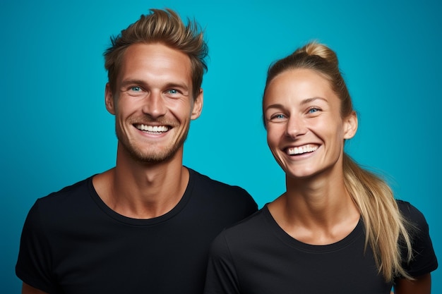 Stock photography portrait of a norwegian couple smiling candidly wearing a plain black tshirt i