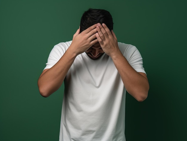 Stock photography portrait of an person facepalming wearing a plain white tshirt isolated on a p