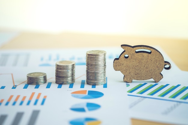 stock photography spreadsheet van financiële bankbiljetten met stapel munten en piggy op accountantgegevens