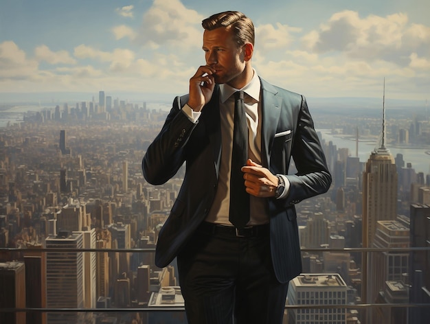 Stock photography of a succesful businessman in a skyscraper and talking on the phone