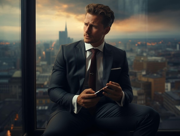 Stock photography of a succesful businessman in a skyscraper and talking on the phone