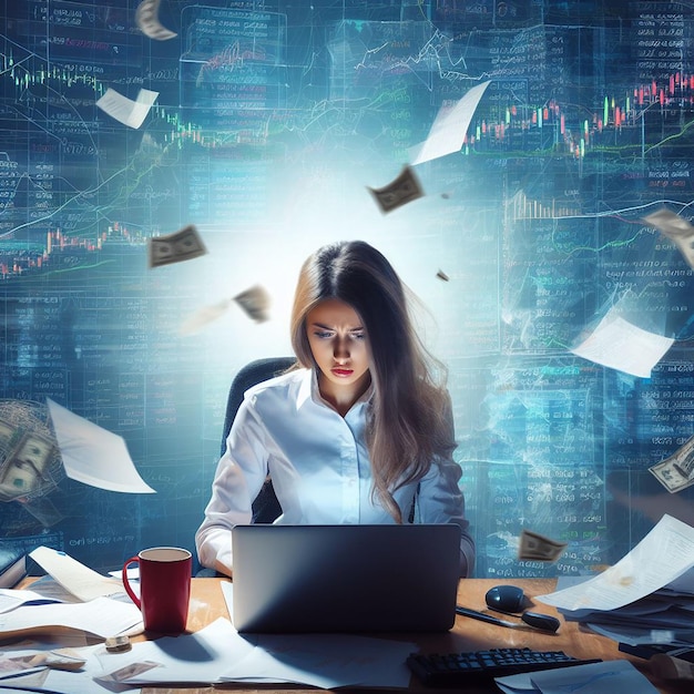 Foto stock trader jonge vrouwen die op laptop werken met intense emoties en chaos om haar heen