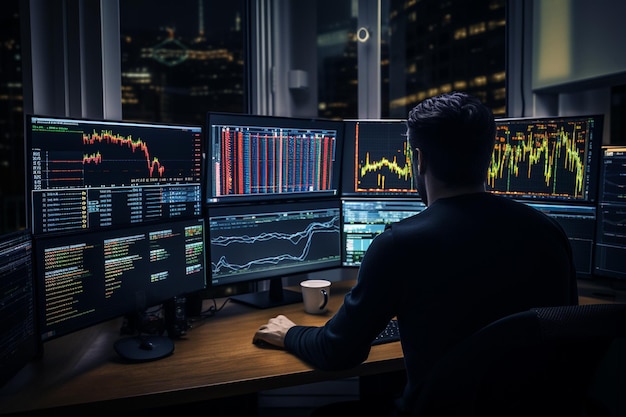 Stock Trader Man Using Multiple Monitors while Working Generative By Ai