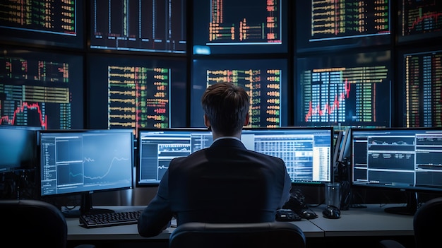 Stock Trader Man Using Multiple Monitors while working at night Back viewCreated with Generative AI technology