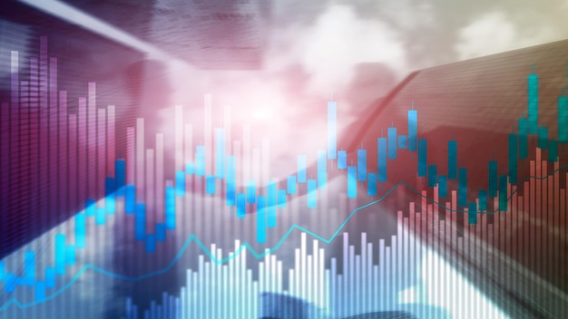 Stock trading candlestick chart and diagrams on blurred office center background