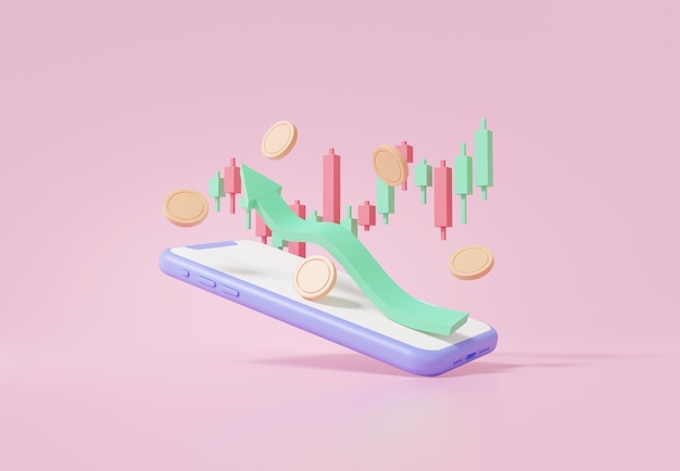 Stock trading tramite smartphone concetto freccia di crescita grafico verde con monete che galleggiano su sfondo rosa finanziaria economia economia educazione investimento scambio 3d rendering illustrazione