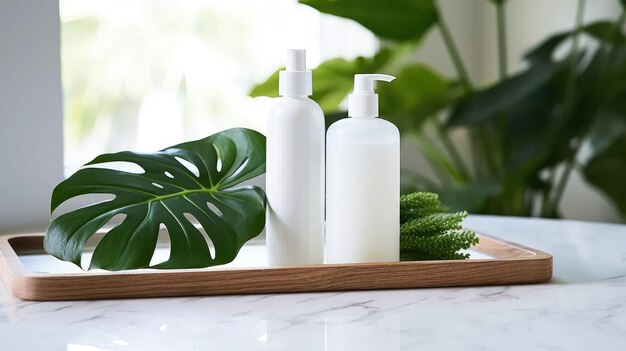Foto stockbeelden tonen handgemaakte natuurlijke vaste shampoo bamboe borstel deodorant en spons op een witte dienblad met groene monstera bladeren
