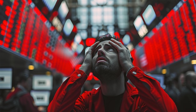 Foto broker di borsa maschio che guarda i dati di negoziazione azionaria sul display board del mercato azionario