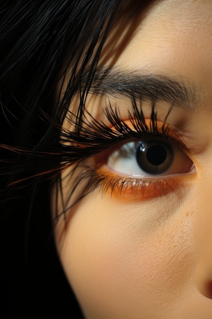 Stockfoto close-up macro van een jonge vrouw met lang zwart haar en bruine oogschaduw