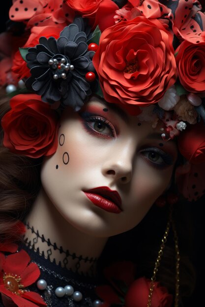 Stockfoto close-up macro van een tiener vrouw die rode en roze bloem kroon draagt